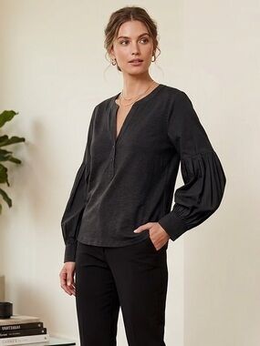 Banana Republic Black V-Neck Blouse with Pleated Balloon Sleeves